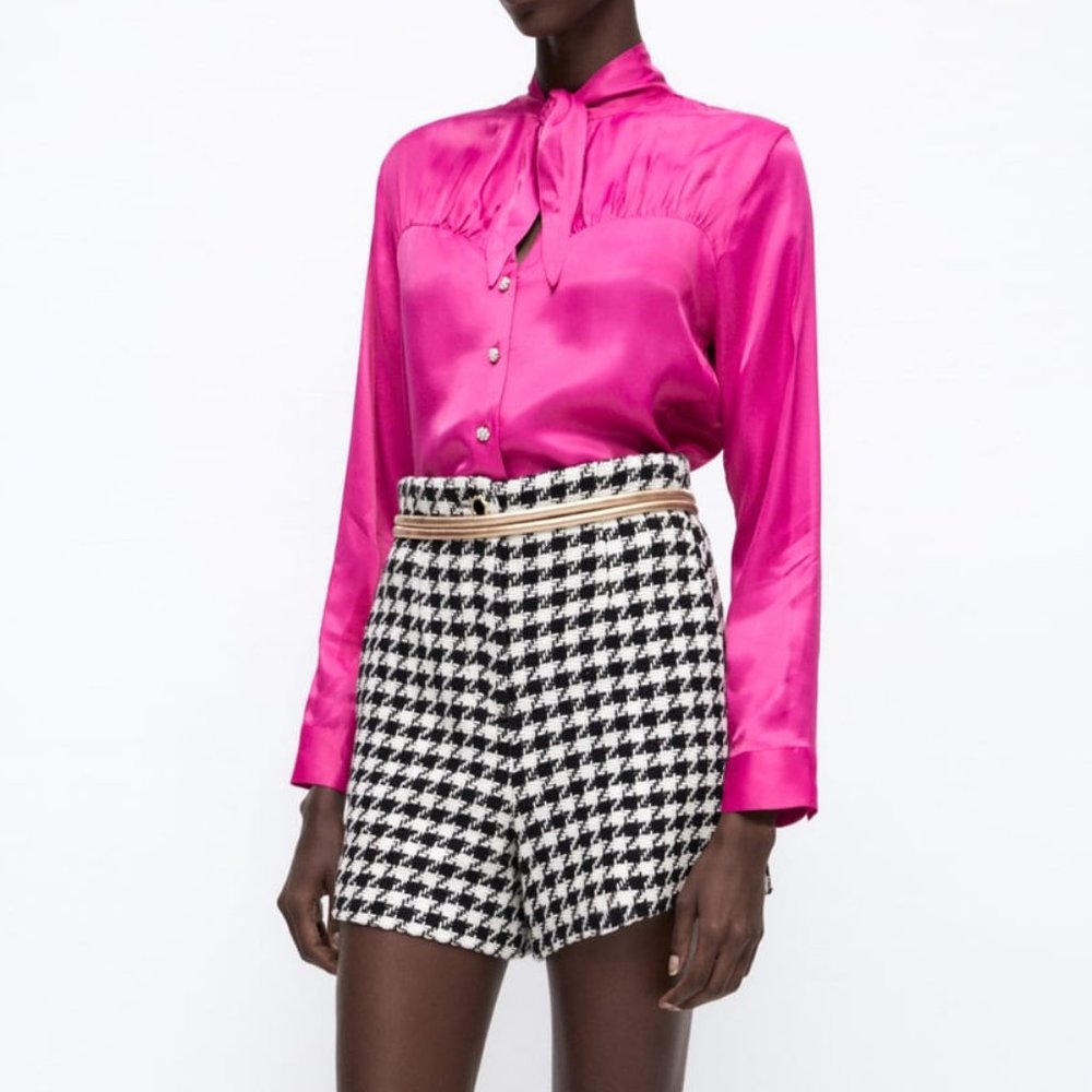 NWT ZARA TIED SATIN BLOUSE PINK Dark fuchsia XS